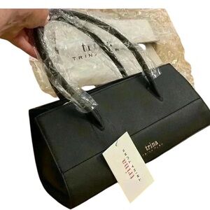 Trina‎ Turk Women Black Satchel Crossbody Strap Faux Leather Gold Hardware NEW